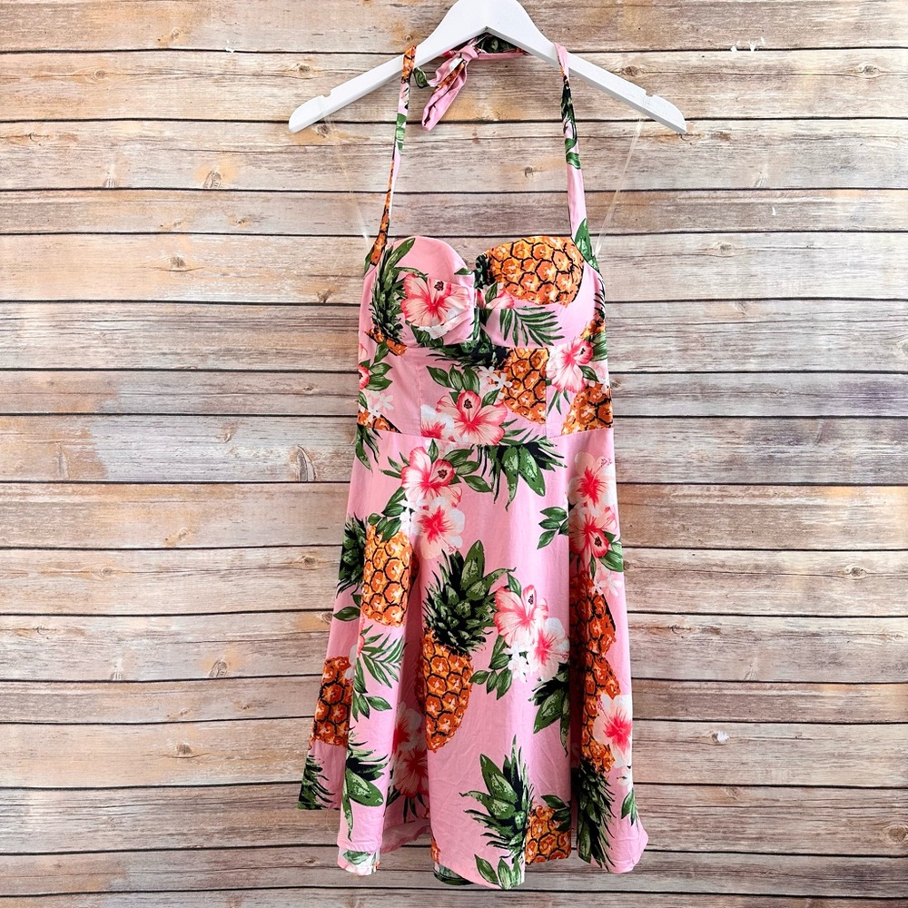Emerald Sundae Dress Juniors Size Small Pink Sleeveless Halter Pineapple Mini